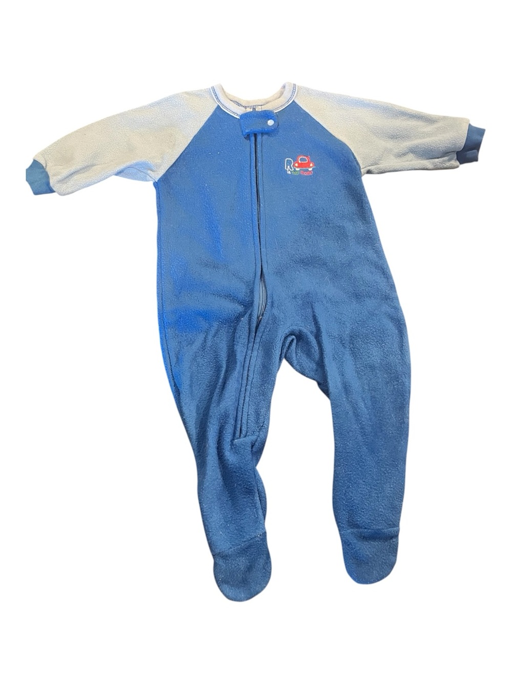 Blue Fleece Footed One-Piece with Car Embroidery